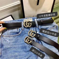 GUCCI古奇女士经典双G珍珠原厂牛皮腰带3.0cm古驰皮带