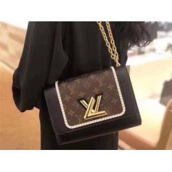 lv女包批发官网新款老花拼皮TWIST 中号手袋M44837