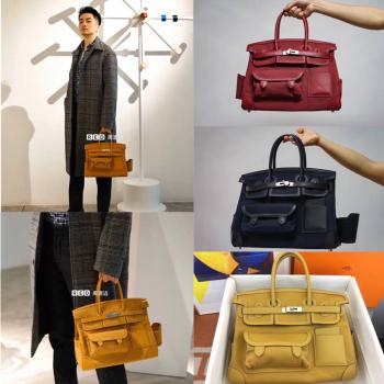 Hermes/爱马仕中文官网新款帆布拼接Swift皮Birkin 35 Cargo铂金布包