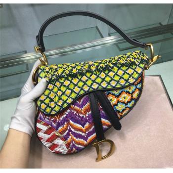 DIOR迪奥专柜正品官网新款女包手工珠绣拼色大号Saddle马鞍包