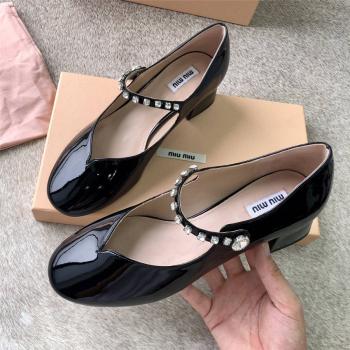 miumiu官网中国缪缪新款女鞋漆皮镶钻复古玛丽珍高跟鞋单鞋