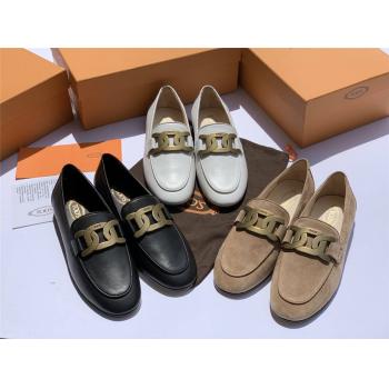 Tod's托德斯官网正品新款女鞋环扣绒面小牛皮乐福鞋女士皮鞋