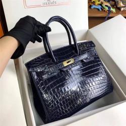 Hermes/爱马仕包包官网亮面两点尼罗鳄鱼皮Birkin 30cm铂金包宝石蓝