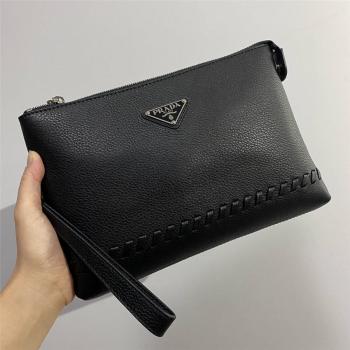 PRADA普拉达日本代购经典荔枝纹牛皮真皮编织男士手拿包