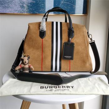 Burberry巴宝莉官方旗舰店新款条纹翻毛牛皮方正手提袋旅行包