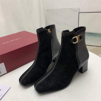 Ferragamo/菲拉格慕专柜正品女靴麂皮拼接GANCINI短靴733176