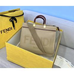 FENDI芬迪奢侈品网站新款Sunshine中号米色帆布阳光购物袋8BH386