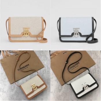 Burberry巴宝莉女包官网价格小号 TB 专属标识双色帆布拼皮革锁扣包