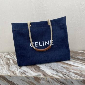 赛琳香港官网CABAS 方形CELINE印花牛仔布和牛皮革手袋购物袋196992
