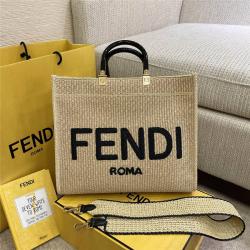 芬迪香港官网正品FENDI Sunshine中号阳光编织拉菲草购物袋8BH386