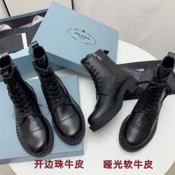 Prada/普拉达官网女士亮面皮革系带短靴马丁靴1T360M