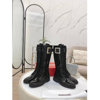 Roger Vivier RV香港官网Viv' Rangers 金属扣钻扣漆皮系带靴机车靴