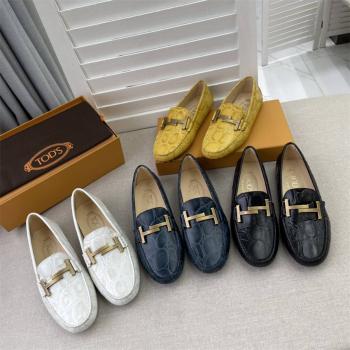 Tod's托德斯女鞋官网新款双T扣压纹真皮豆豆鞋