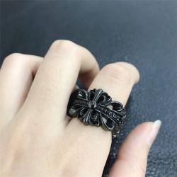 Chrome hearts CH克罗心正品925纯银黑色镶钻十字花开口戒指指环