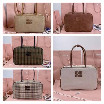 MIUMIU缪缪包包官网5BB117 Beau 千鸟格帆布公文包保龄球包