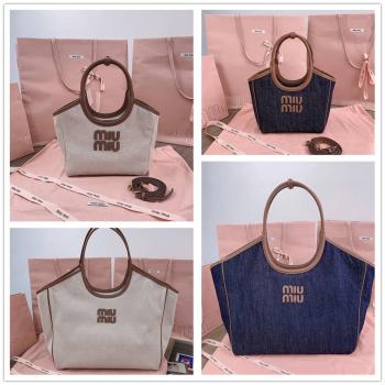 MIUMIU缪缪中文官网5BG288 5BG276 牛仔帆布托特包 IVY 皮革手袋