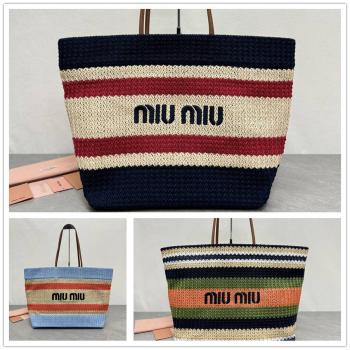 MIUMIU缪缪中国官网5BG228 拉菲草编织购物袋托特包