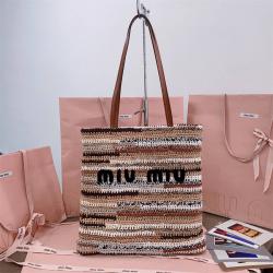MIUMIU官网女包缪缪5BG248 彩虹条纹编织托特包
