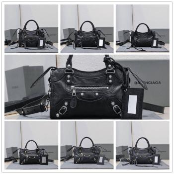 Balenciaga香港官网巴黎世家Classic Gold City 爆裂羊皮小号机车包